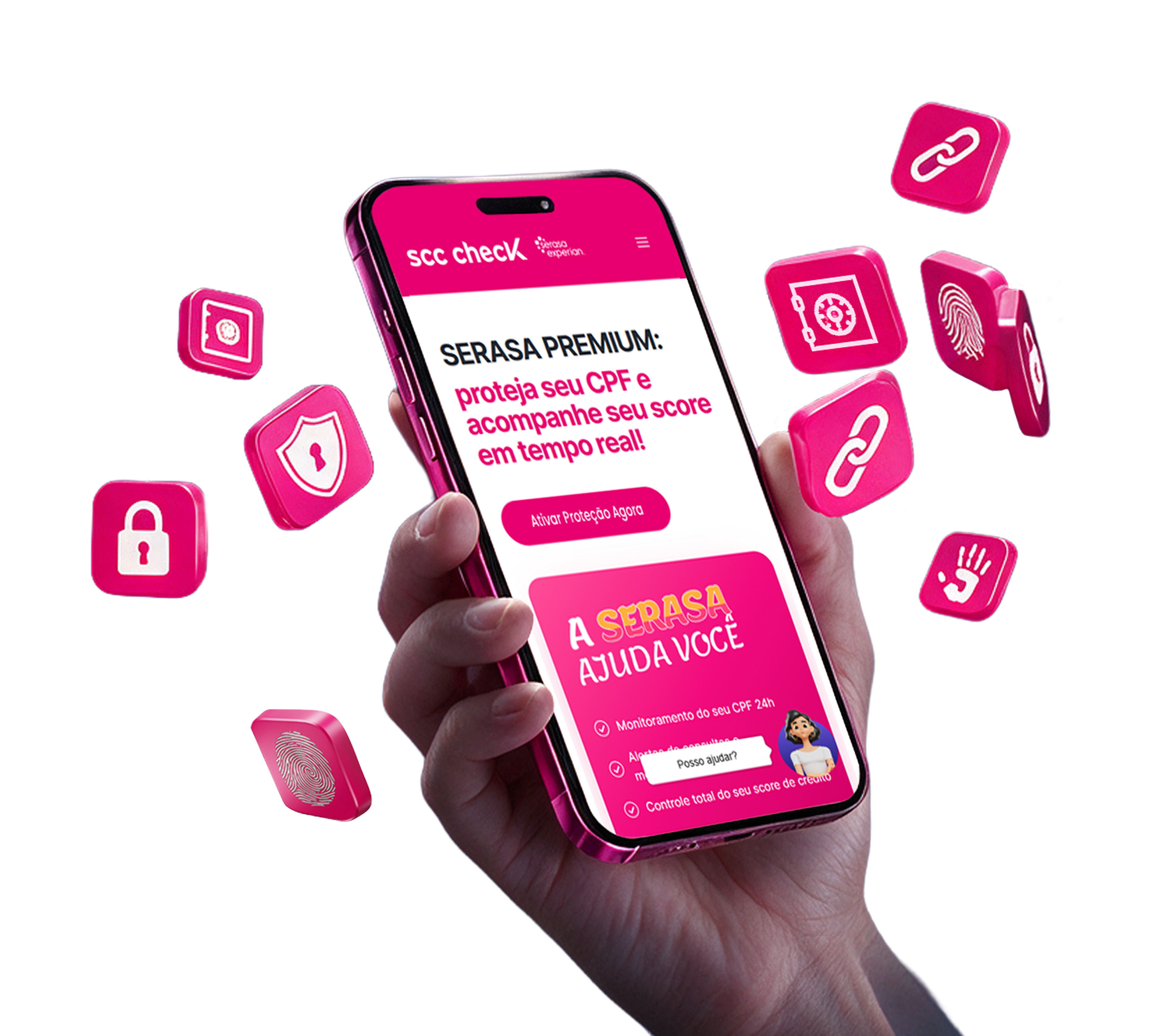 Mão segurando celular com o site do Serasa Premium